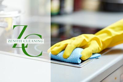 hand cleaning cooker top, Zenith cleaning logo over laid